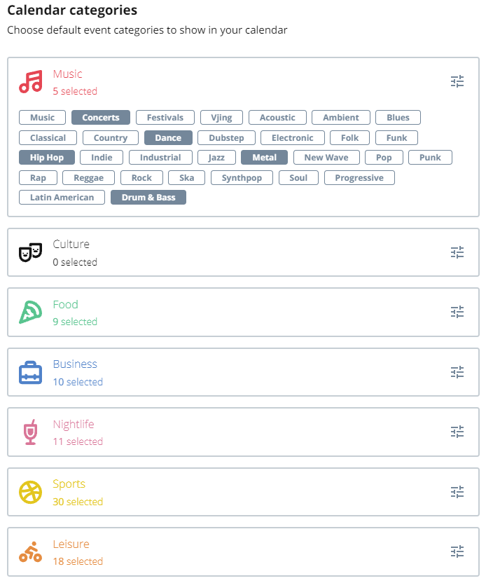 Categories of Events.com calendar