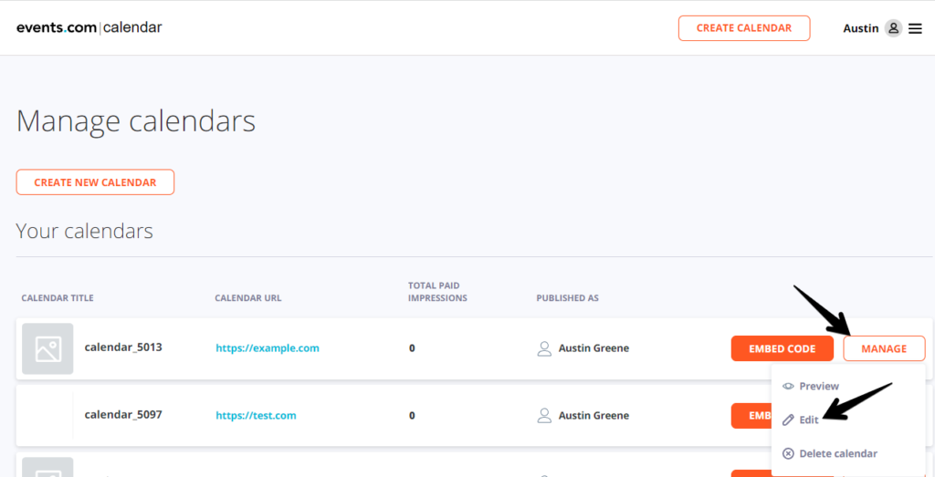 Screenshot of Calendar dashboard