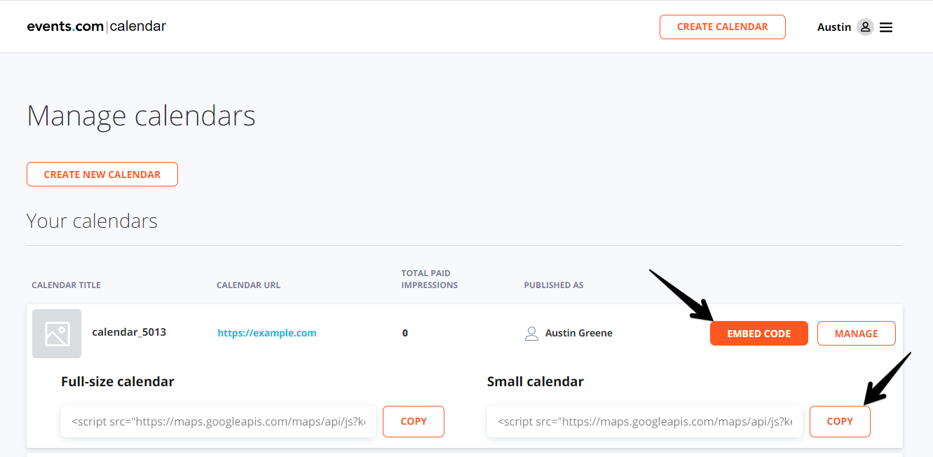 How to get embed code of events.com calendar
