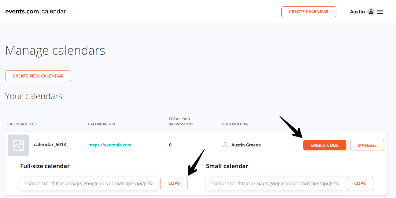 Screenshot of Manage calendars on events.com