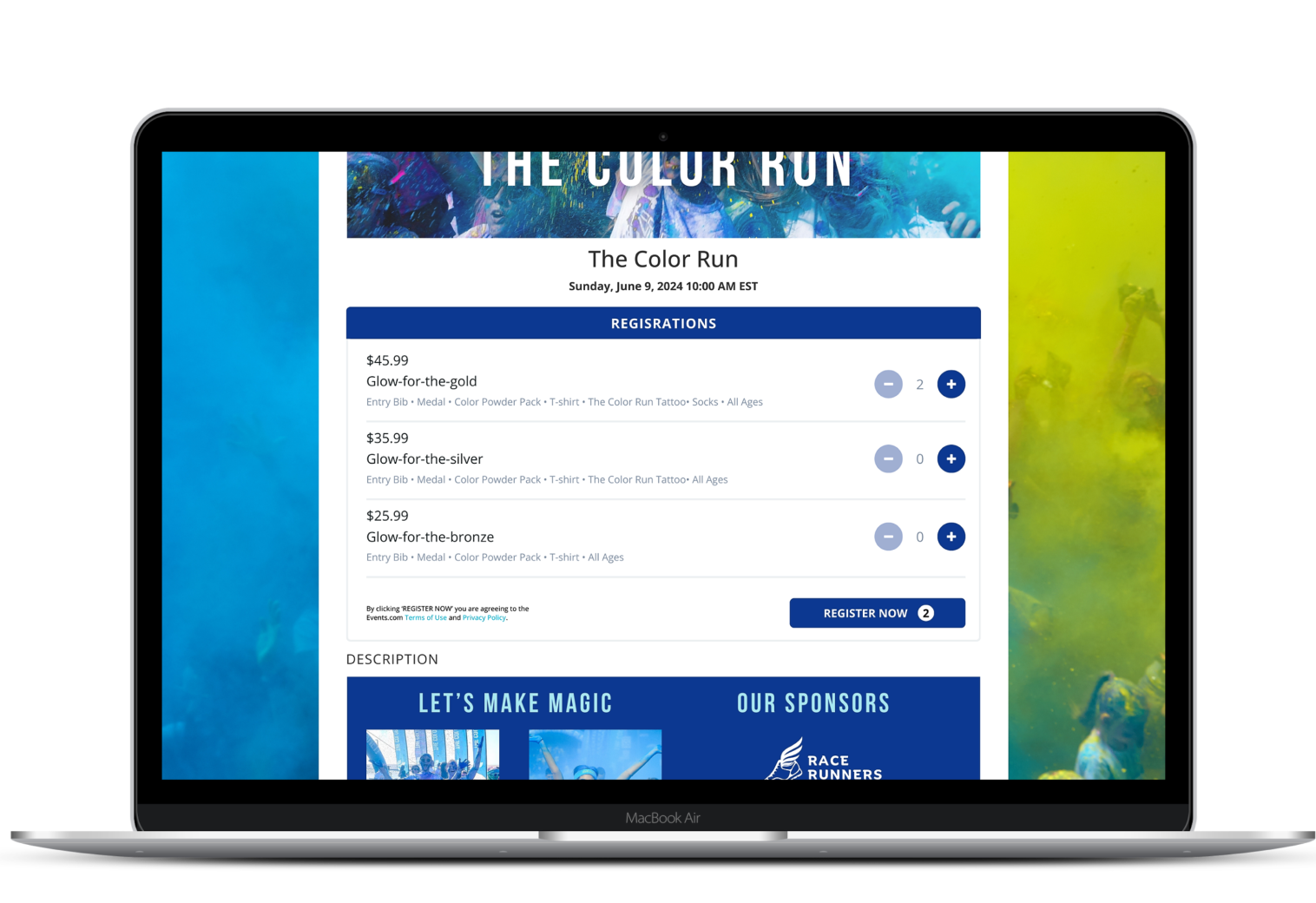 Events.com branded event ticketing page displayed on laptop