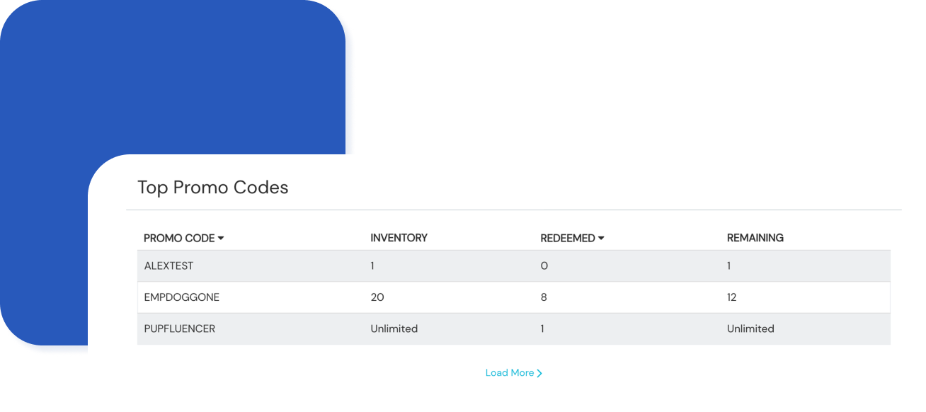 Top promo codes data displayed in a table.